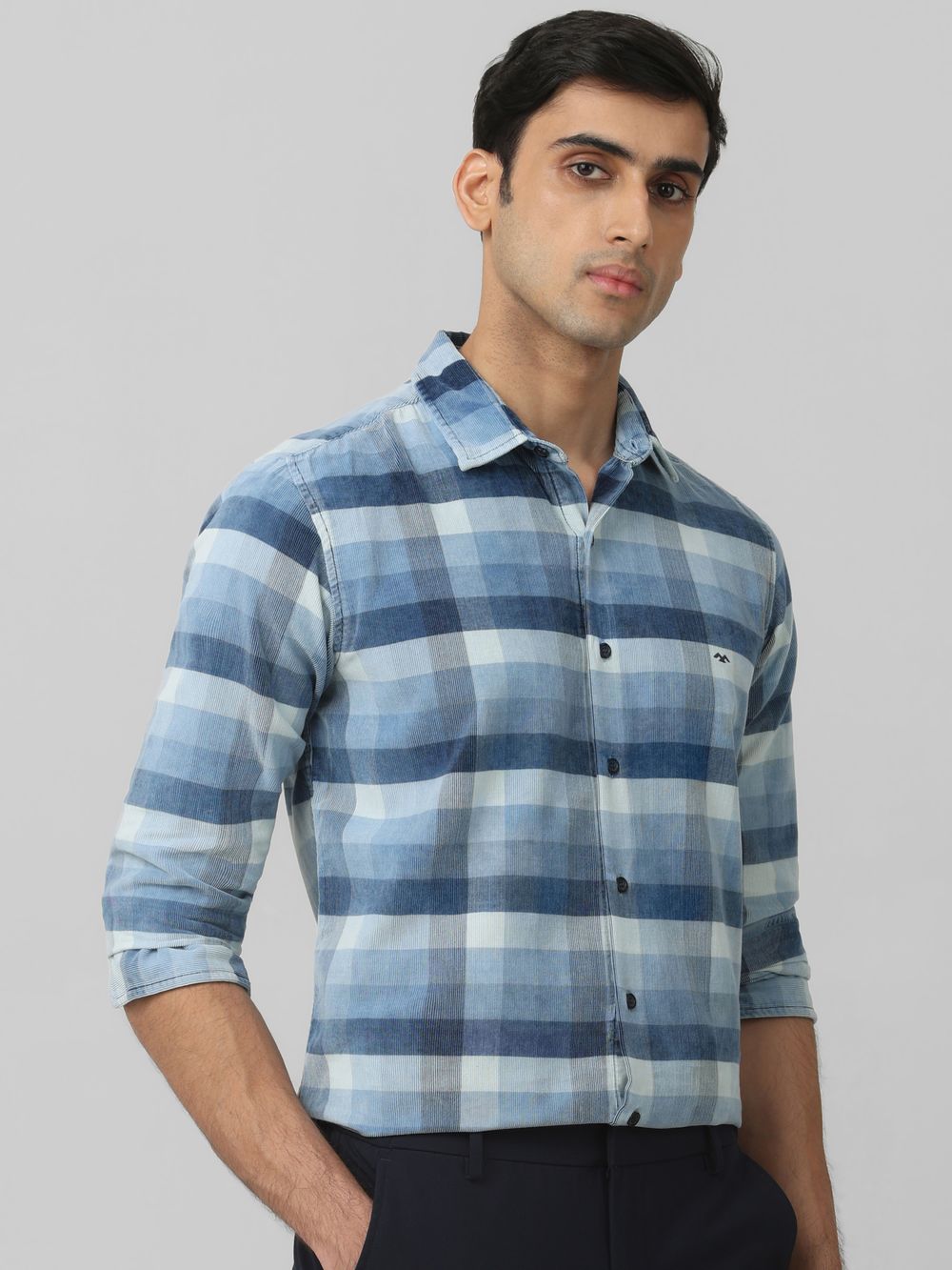 Indigo Blue Corduroy Check Slim Fit Casual Shirt