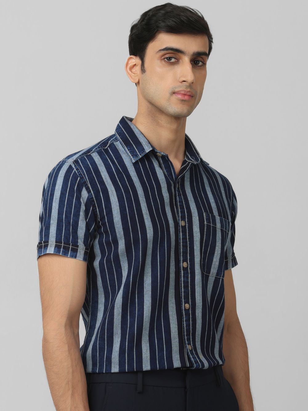 Dark Indigo Blue Denim Stripe Slim Fit Casual Shirt