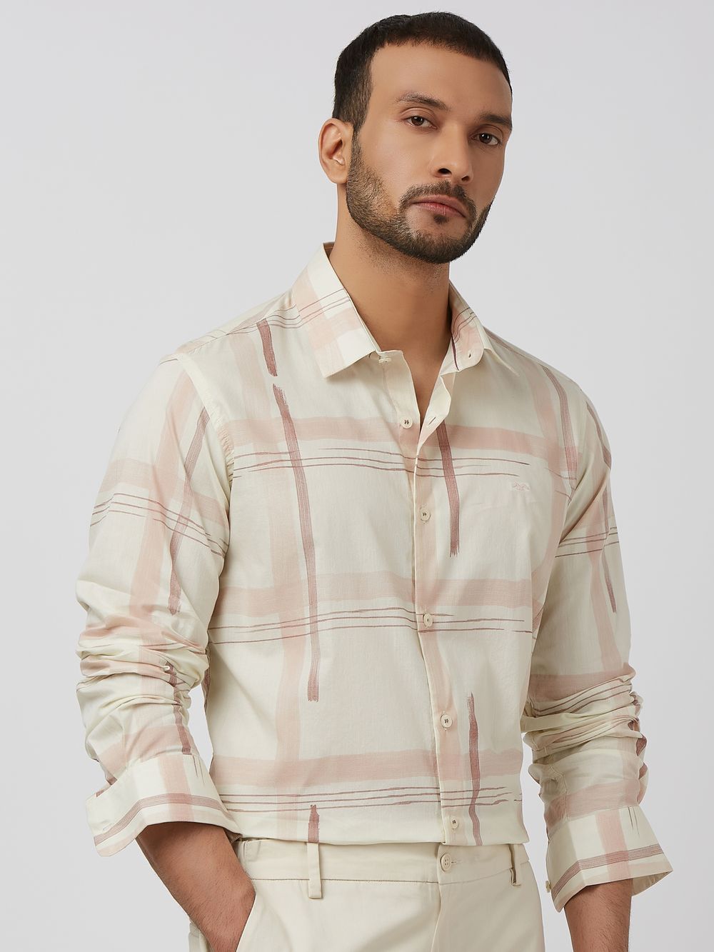 Off White Printed Check Slim Fit Casual Shirt