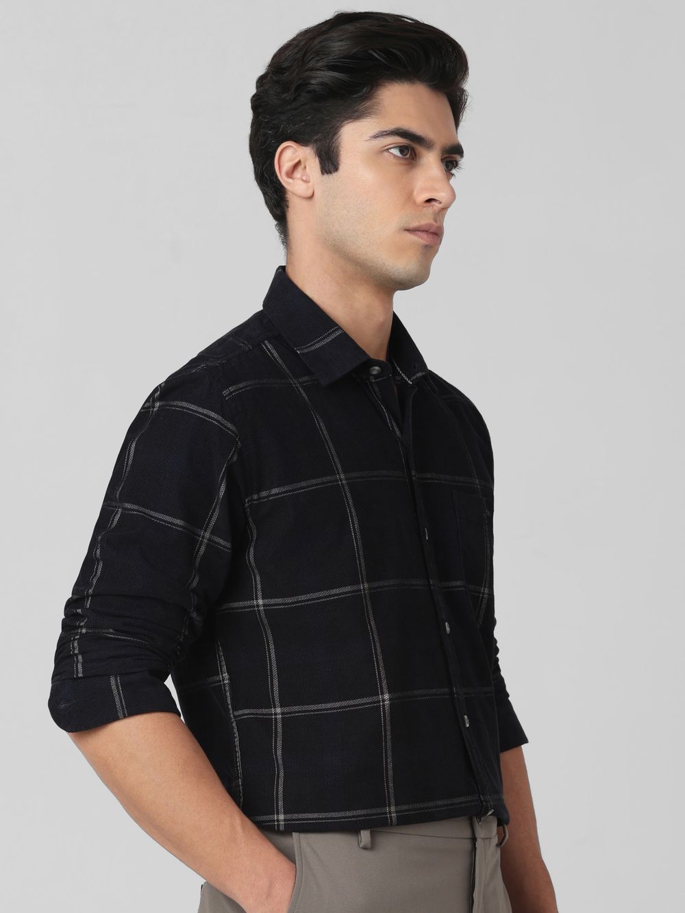 Black Corduroy Check Slim Fit Casual Shirt