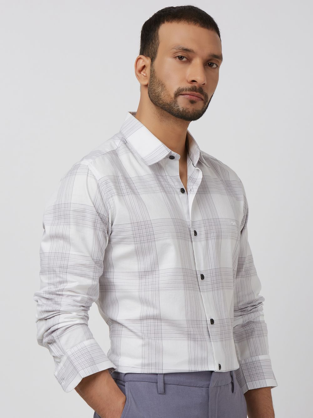 White Large Check Slim Fit Casual Shirt