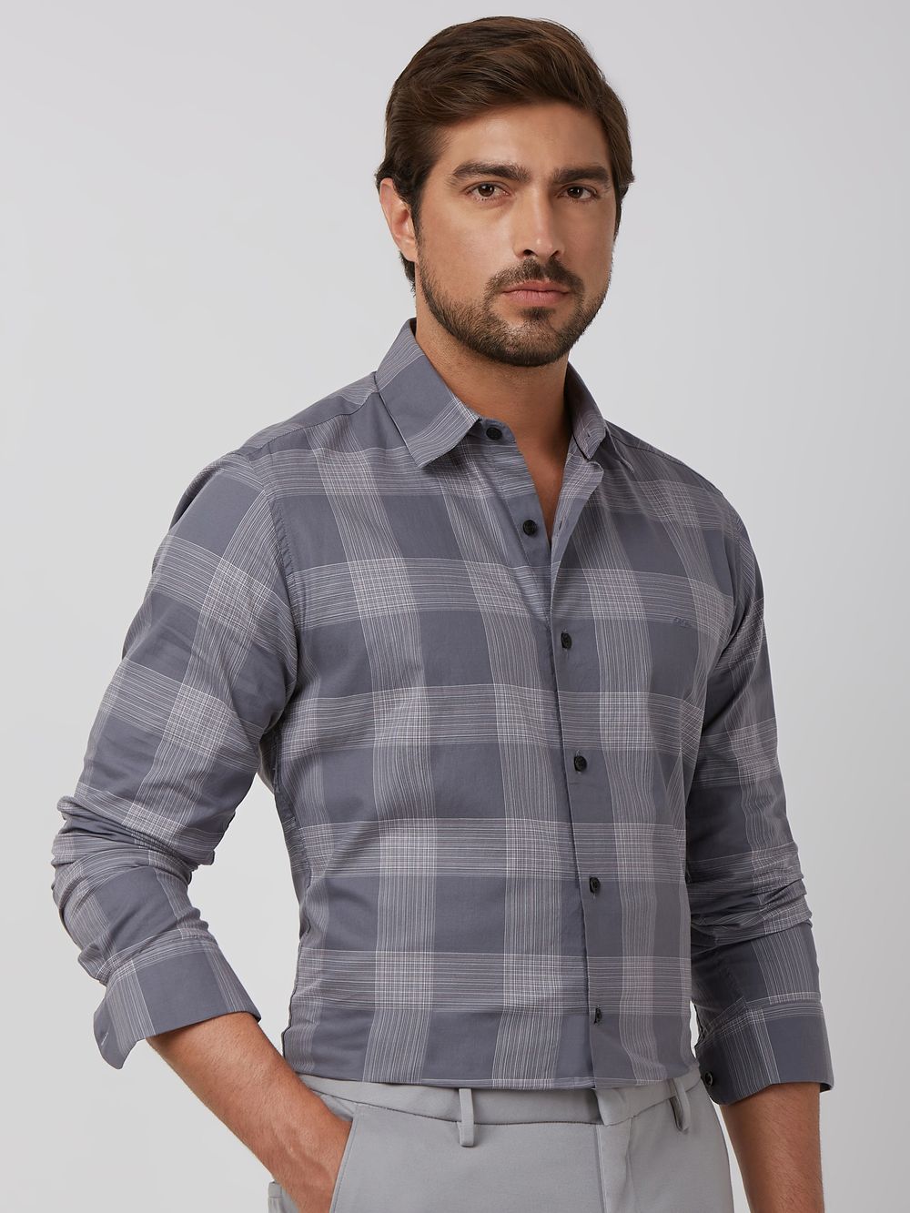 Grey Large Check Slim Fit Casual Shirt