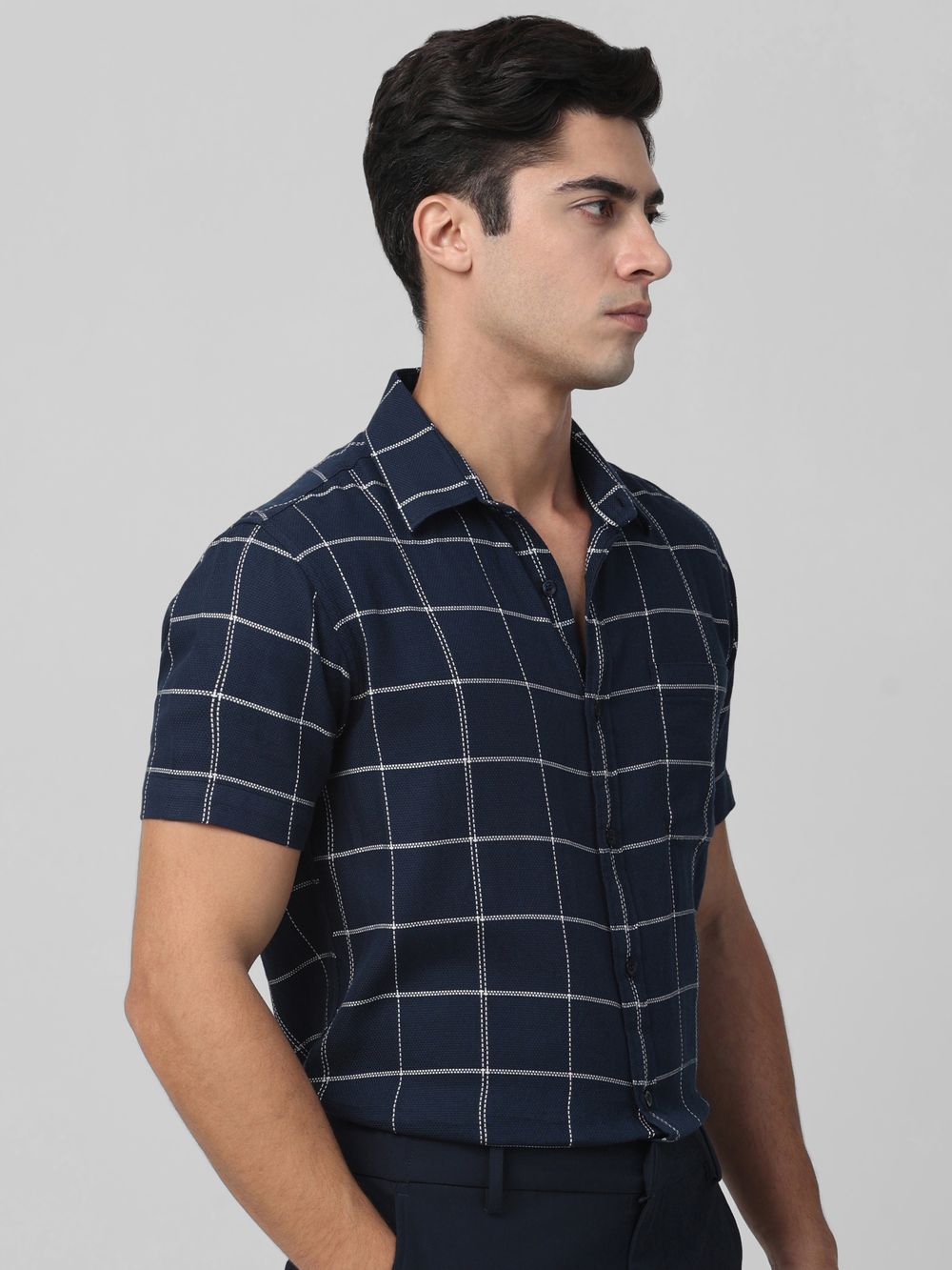 Navy Windowpane Check Slim Fit Casual Shirt