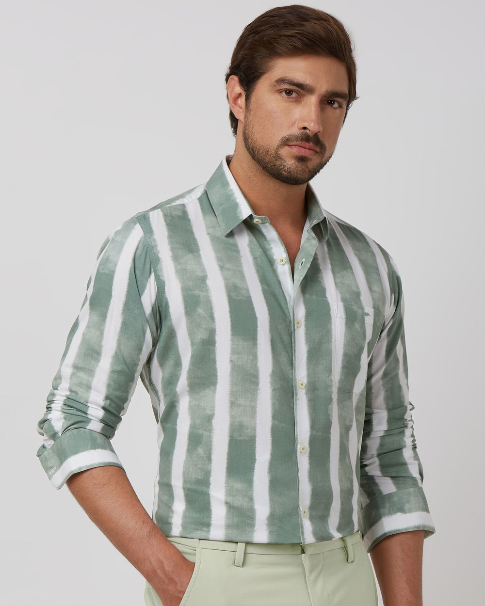 Green Painted Stripe Slim Fit Casual Shirt