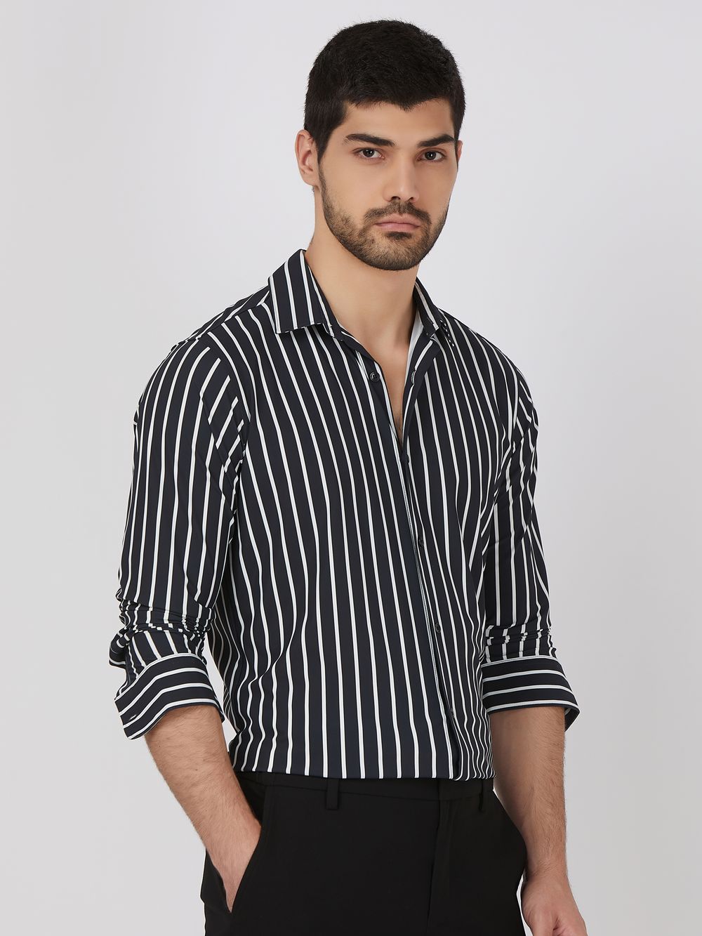 Black Bengal Stripe Stretch Slim Fit Casual Shirt