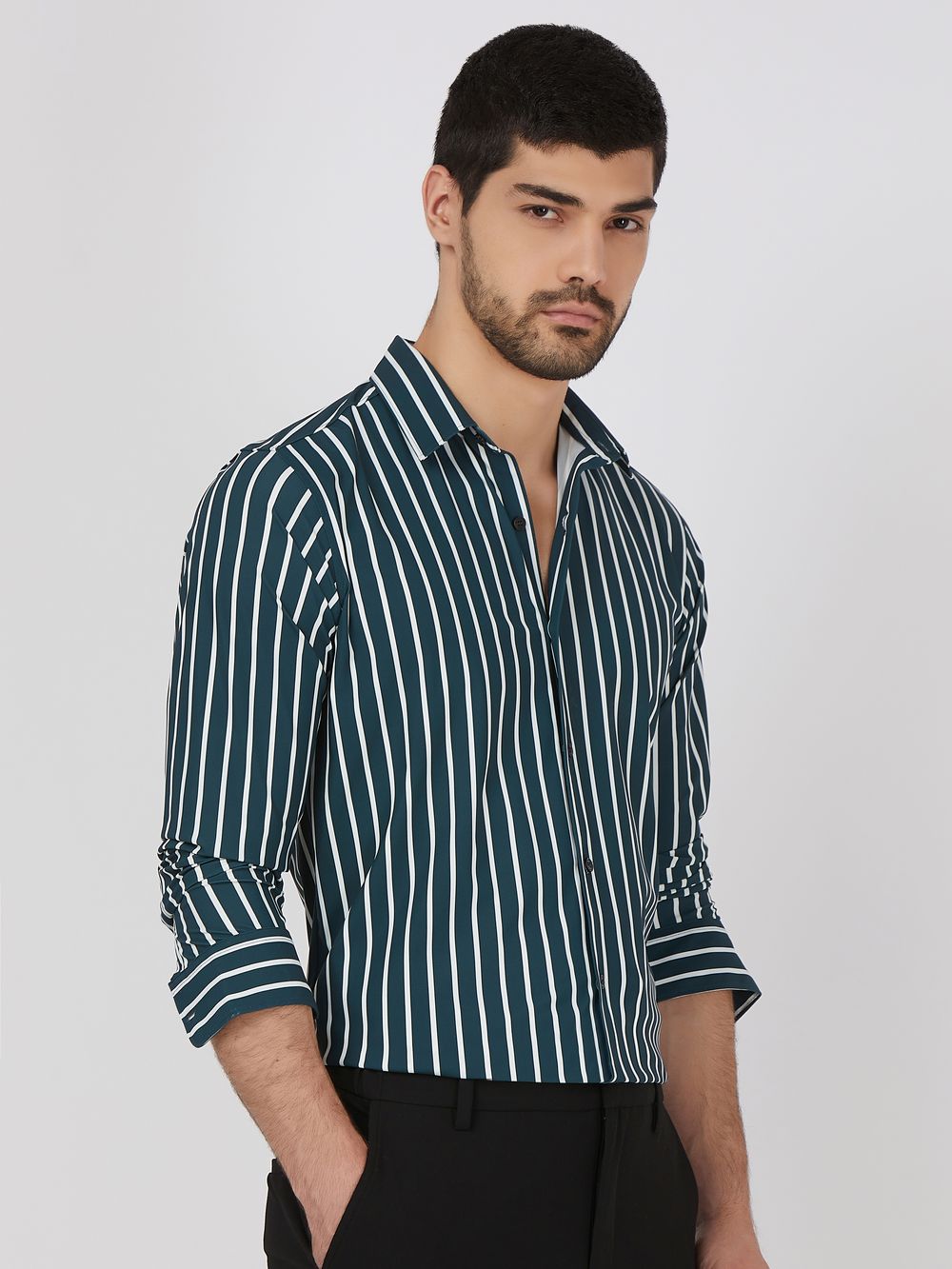 Dark Green Bengal Stripe Stretch Slim Fit Casual Shirt