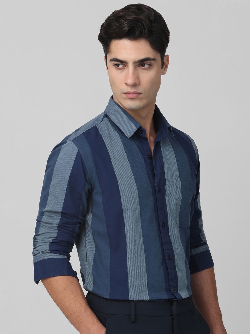 Navy Broad Stripe Slim Fit Casual Shirt