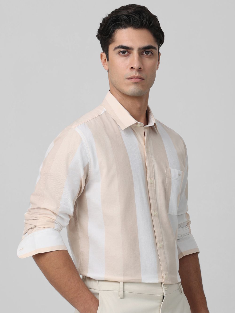 Beige Broad Stripe Slim Fit Casual Shirt