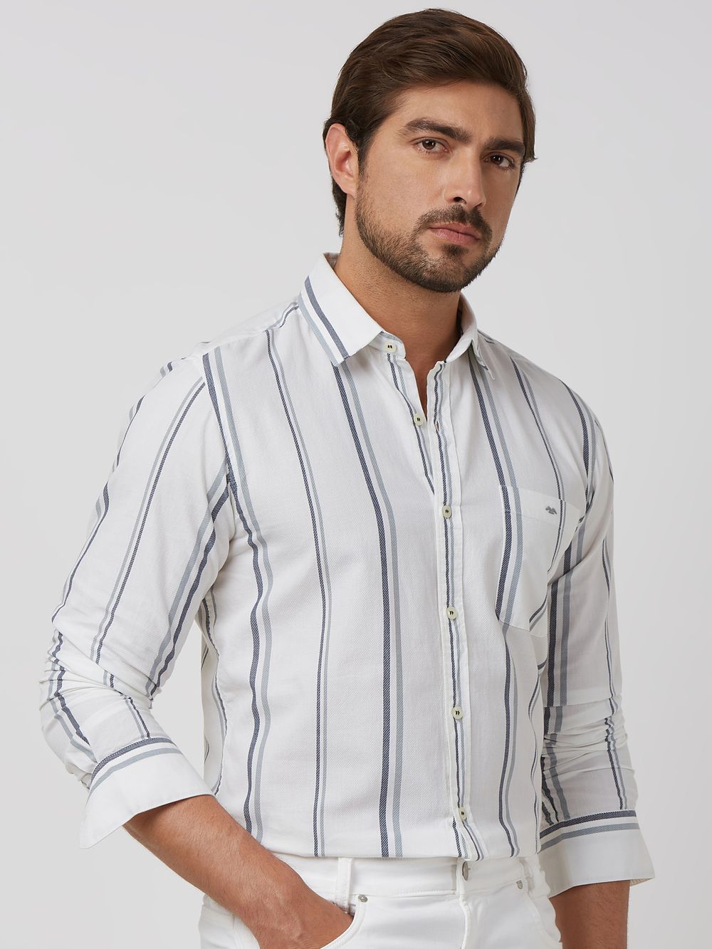 White Wide Stripe Slim Fit Casual Shirt
