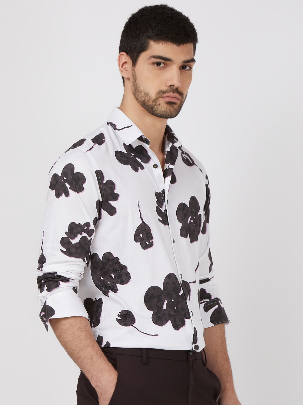 White Floral Print Slim Fit Casual Shirt