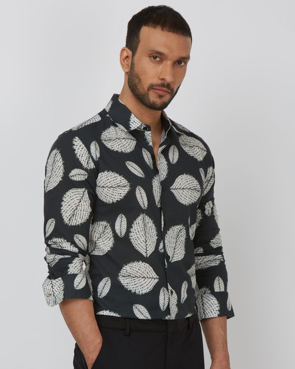 Dark Green Leaf Print Slim Fit Casual Shirt