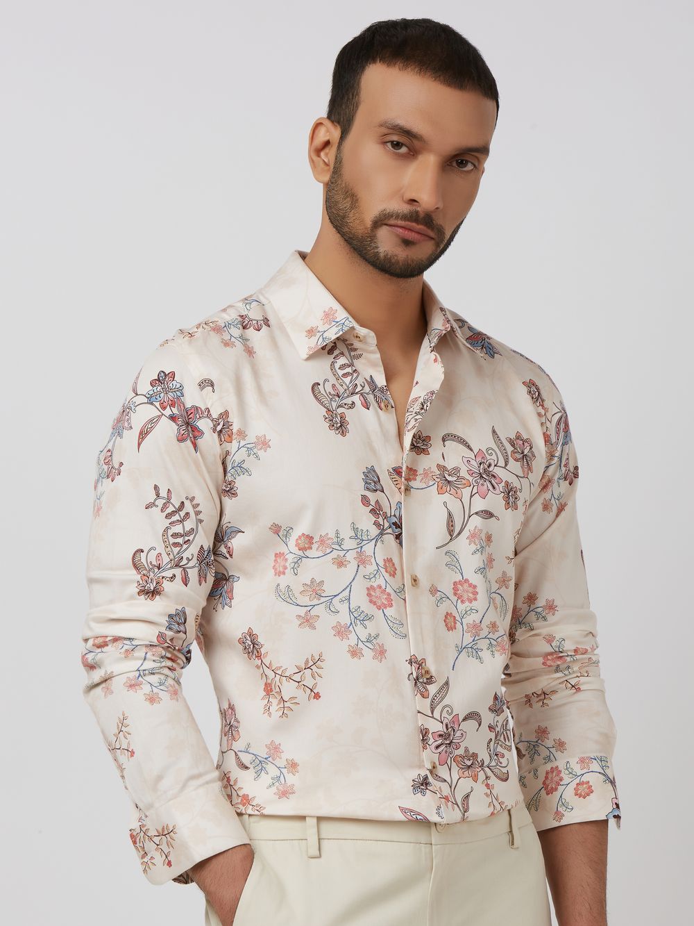 Beige Floral Print Slim Fit Casual Shirt