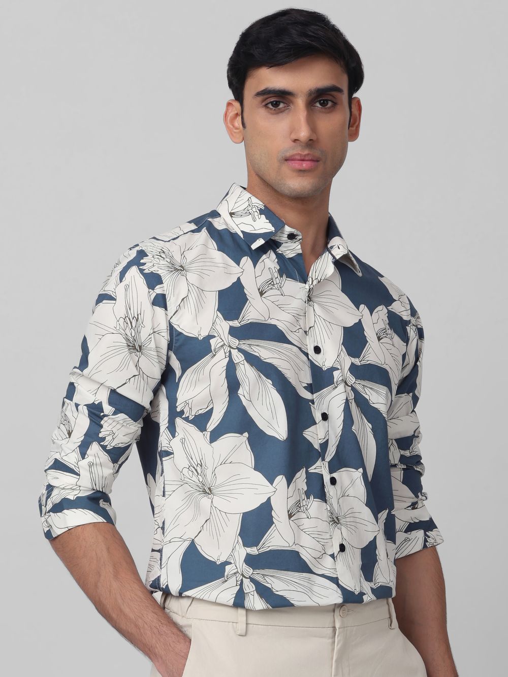 Teal Floral Print Slim Fit Casual Shirt