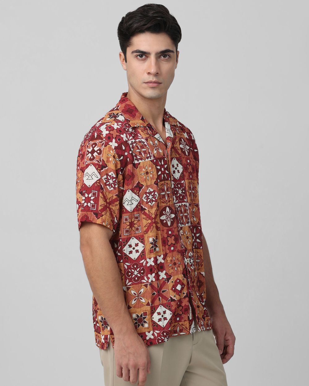 Rust Tile Print Relaxed Fit Casual Shirt