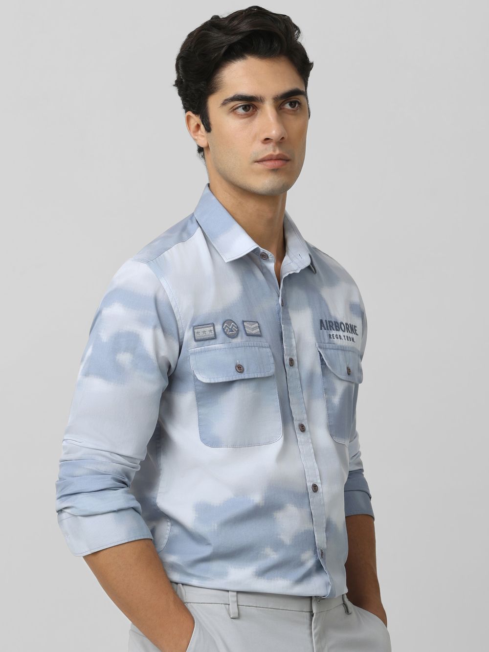 Grey Badged Print Slim Fit Casual Shirt