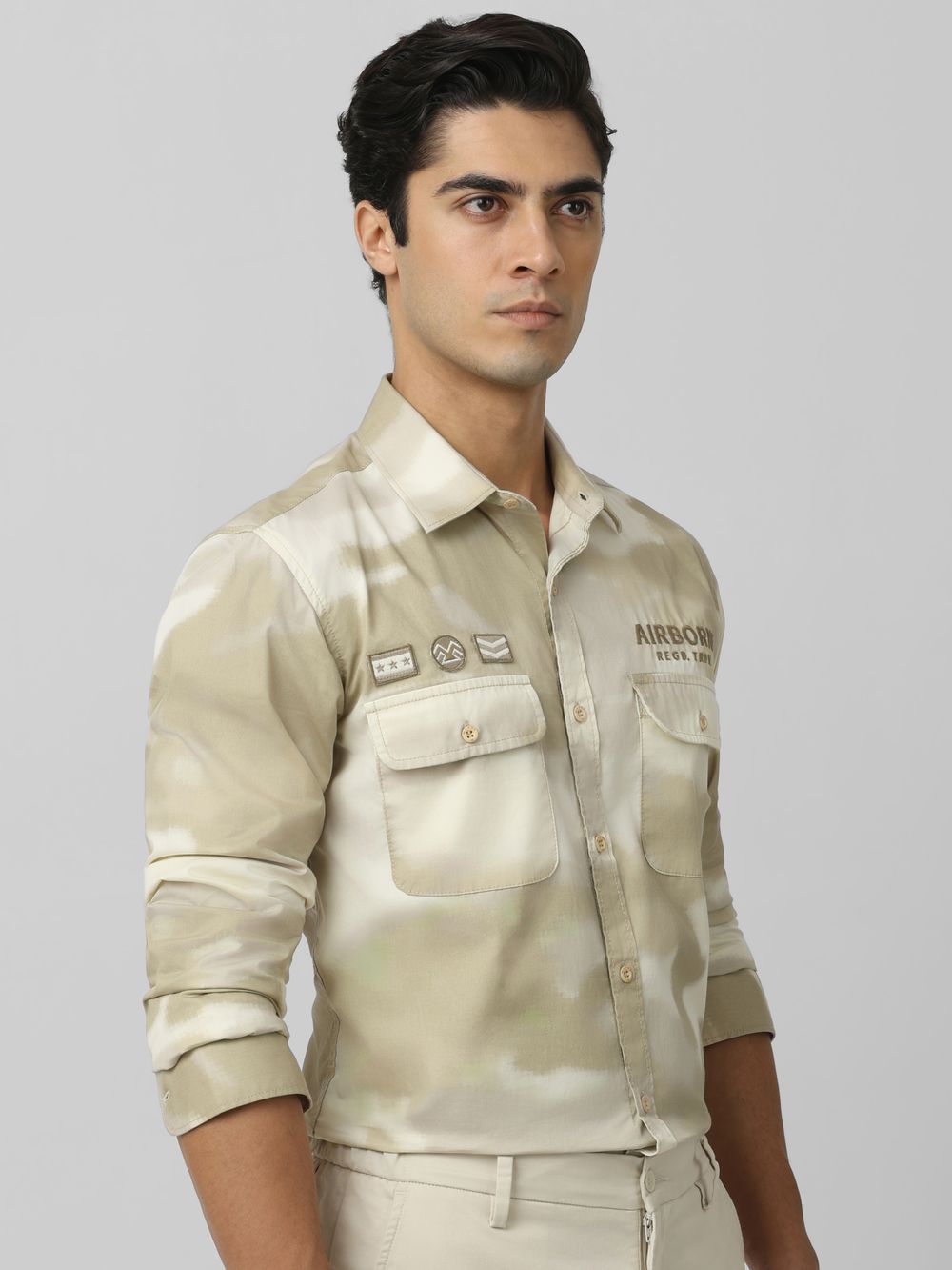 Beige Badged Print Slim Fit Casual Shirt