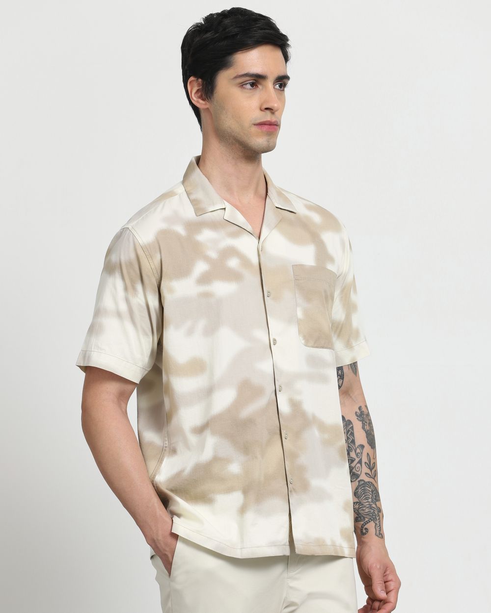 Beige Cloud Print Slim Fit Casual Shirt