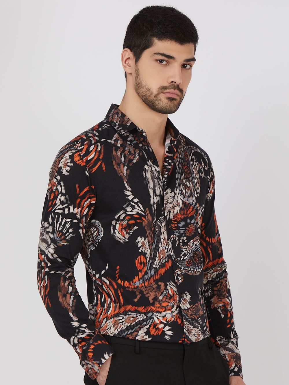 Black Digital Print Slim Fit Casual Shirt