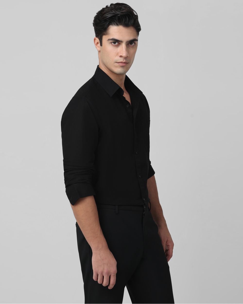 Black Cotton Linen Plain Slim Fit Casual Shirt