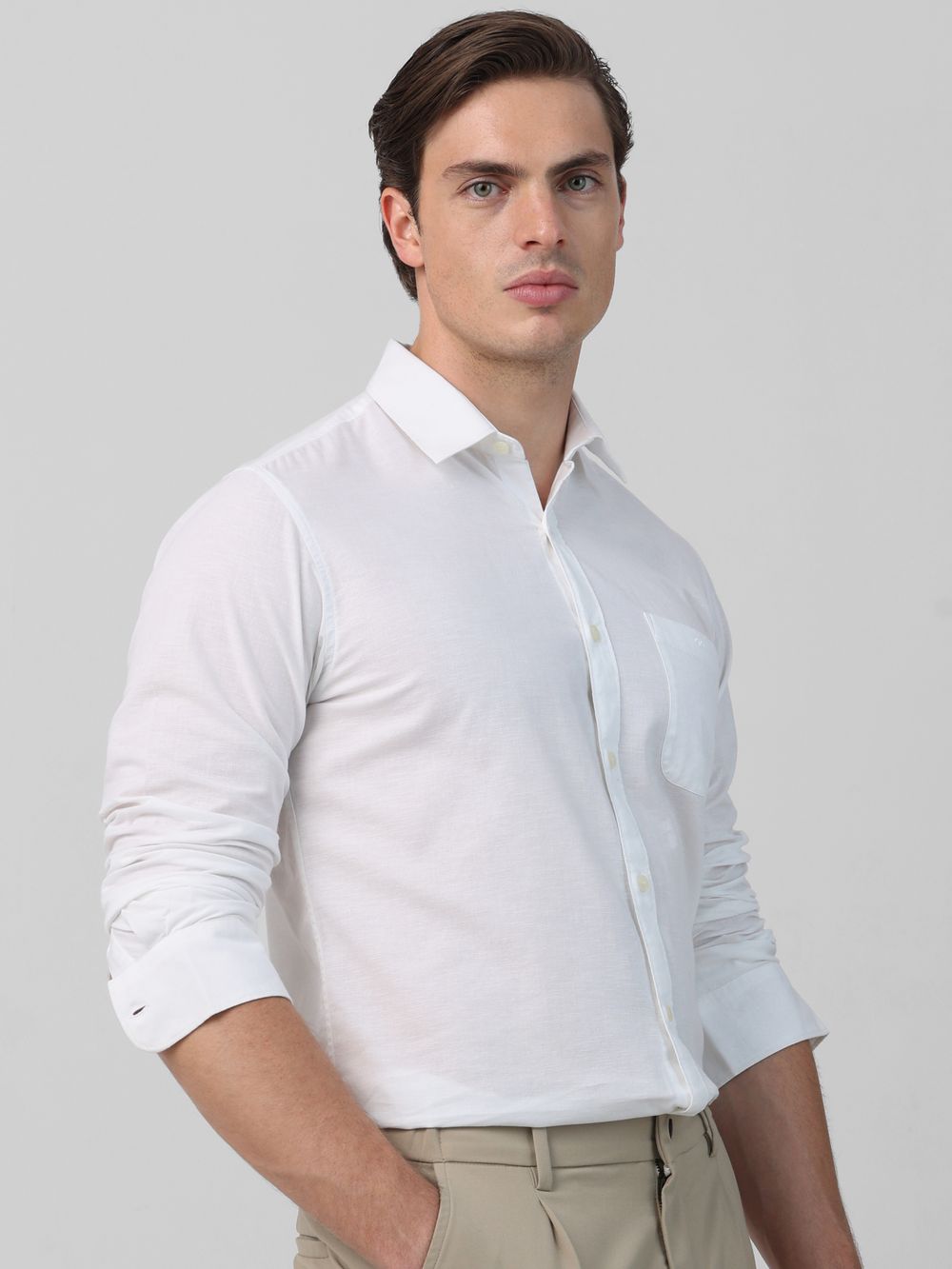 White Cotton Linen Plain Slim Fit Casual Shirt