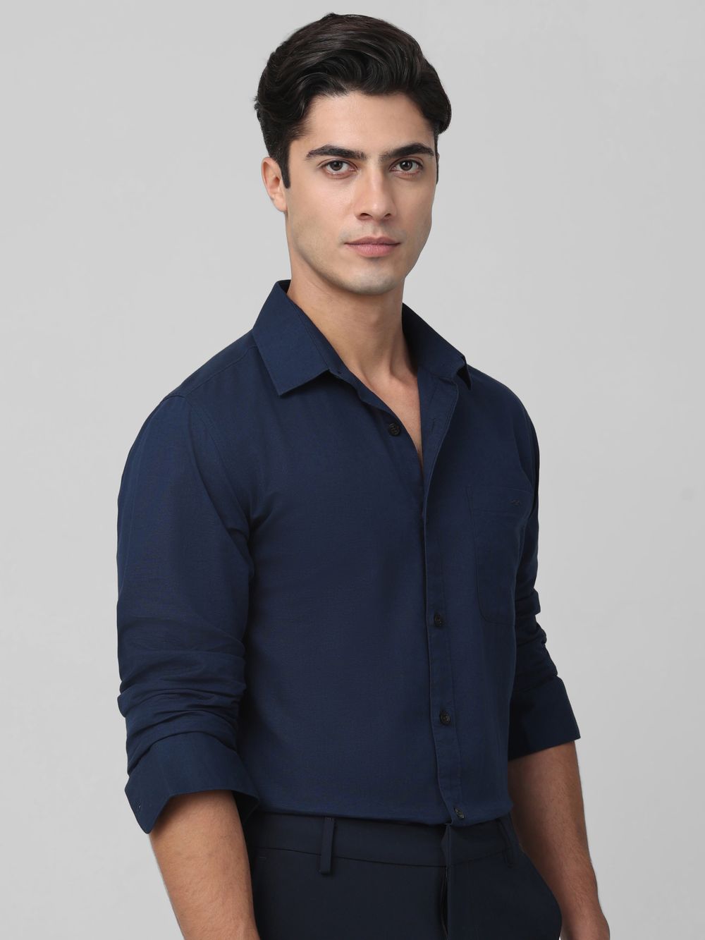 Navy Cotton Linen Plain Slim Fit Casual Shirt