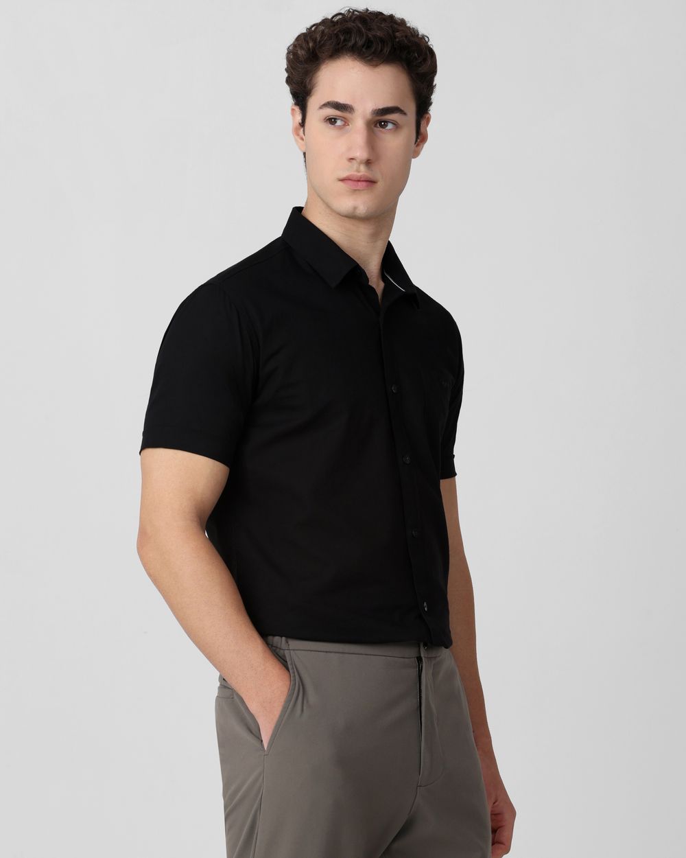 Black Cotton Linen Plain Slim Fit Casual Shirt