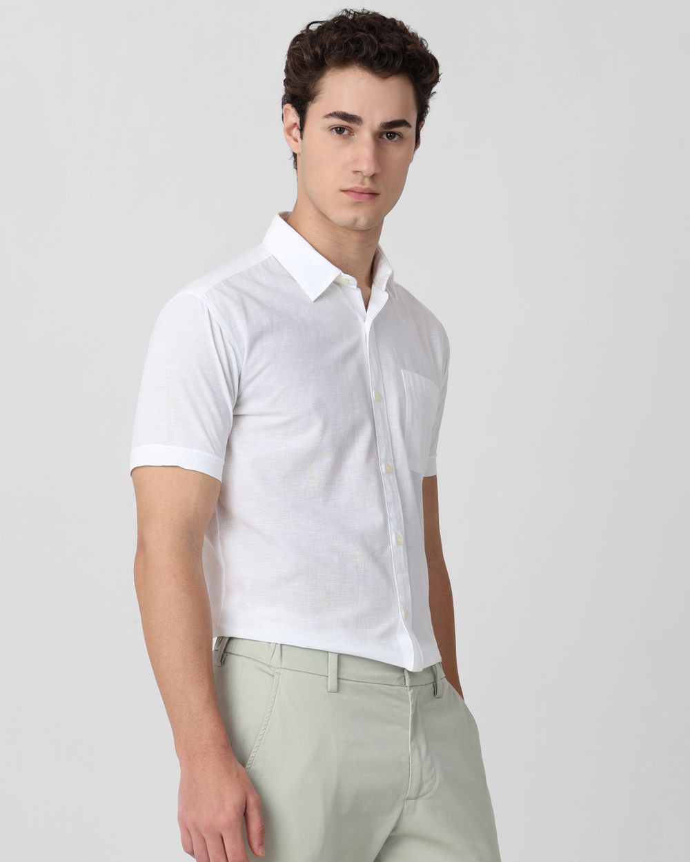 White Cotton Linen Plain Slim Fit Casual Shirt