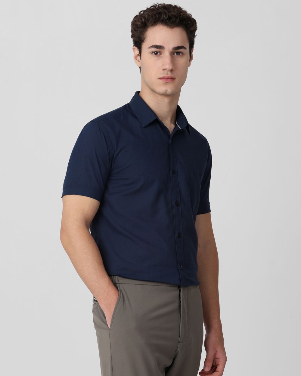 Navy Cotton Linen Plain Slim Fit Casual Shirt