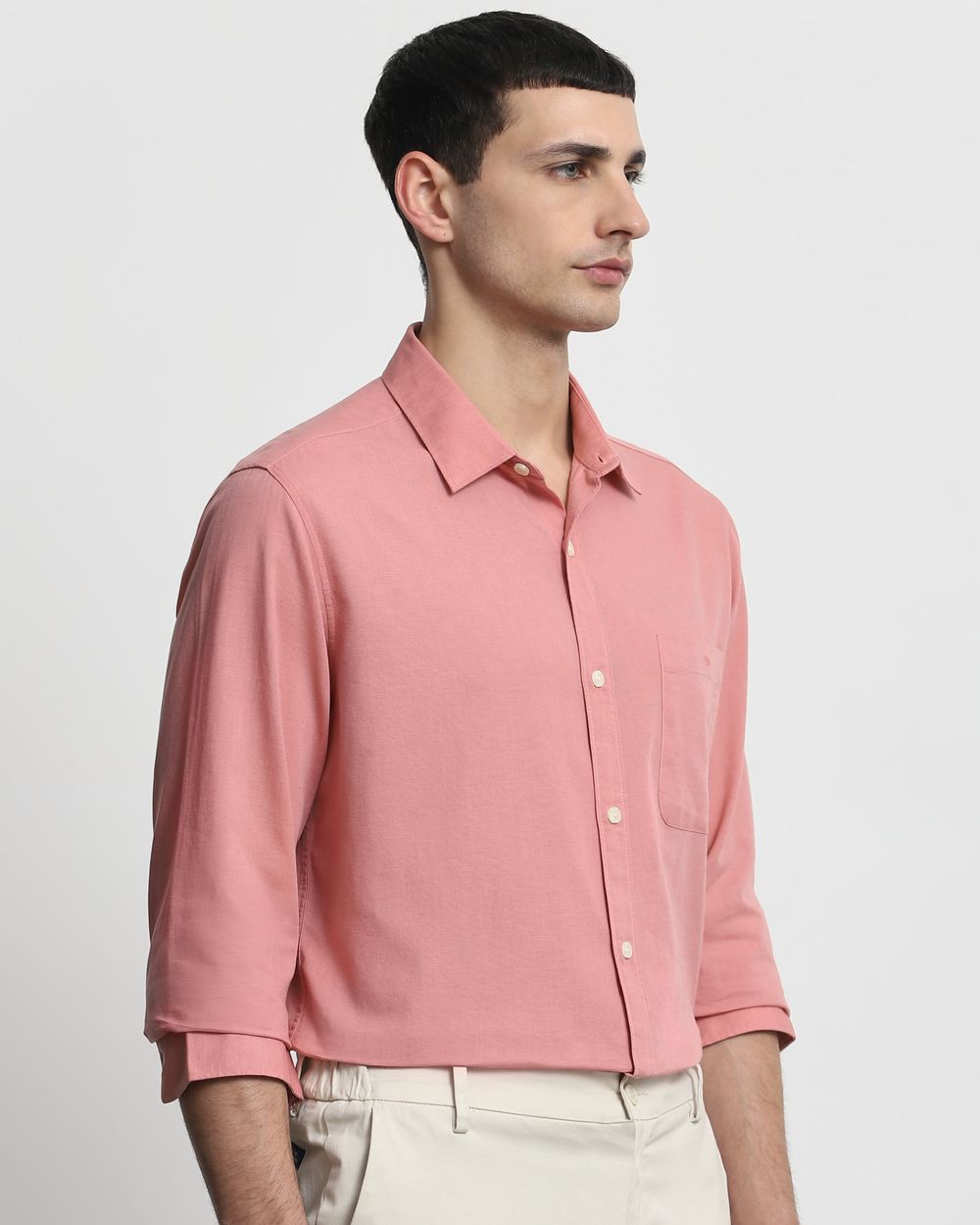 Pink Cotton Linen Plain Slim Fit Casual Shirt