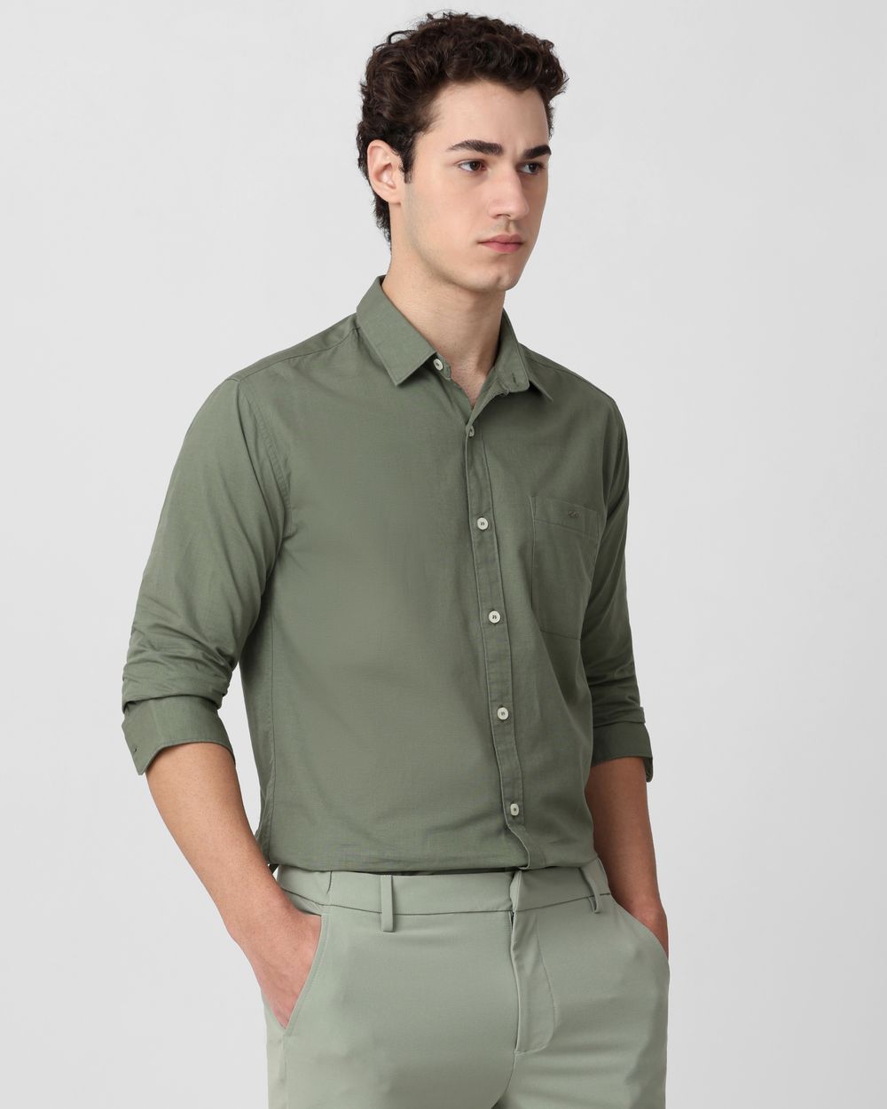 Light Olive Cotton Linen Plain Slim Fit Casual Shirt