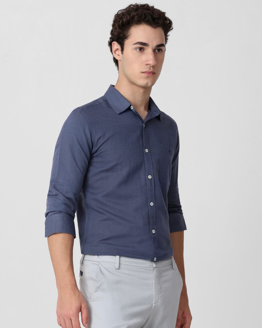 Blue Grey Cotton Linen Plain Slim Fit Casual Shirt