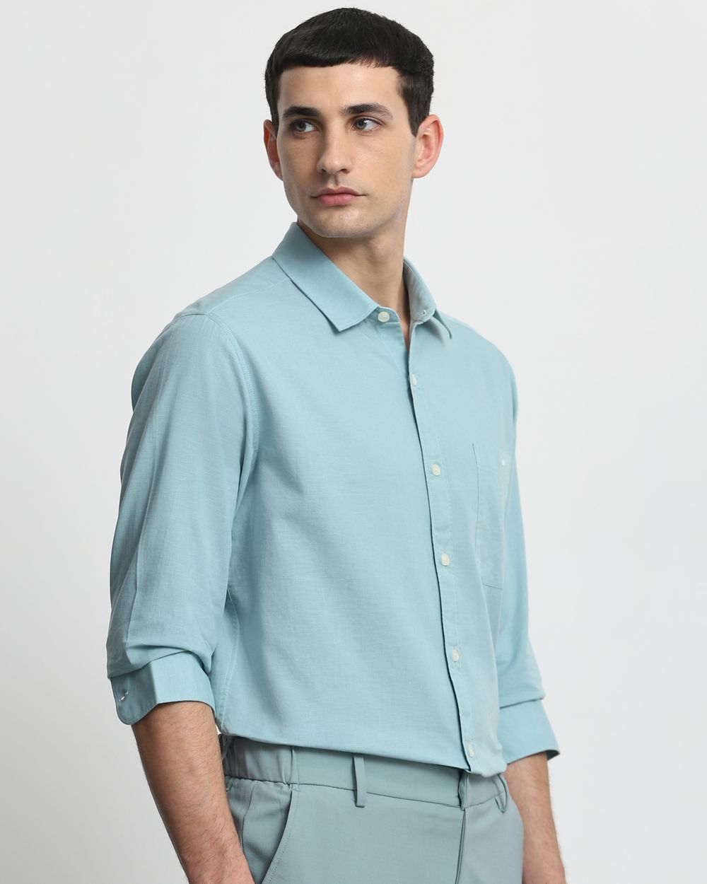 Turquoise Cotton Linen Plain Slim Fit Casual Shirt