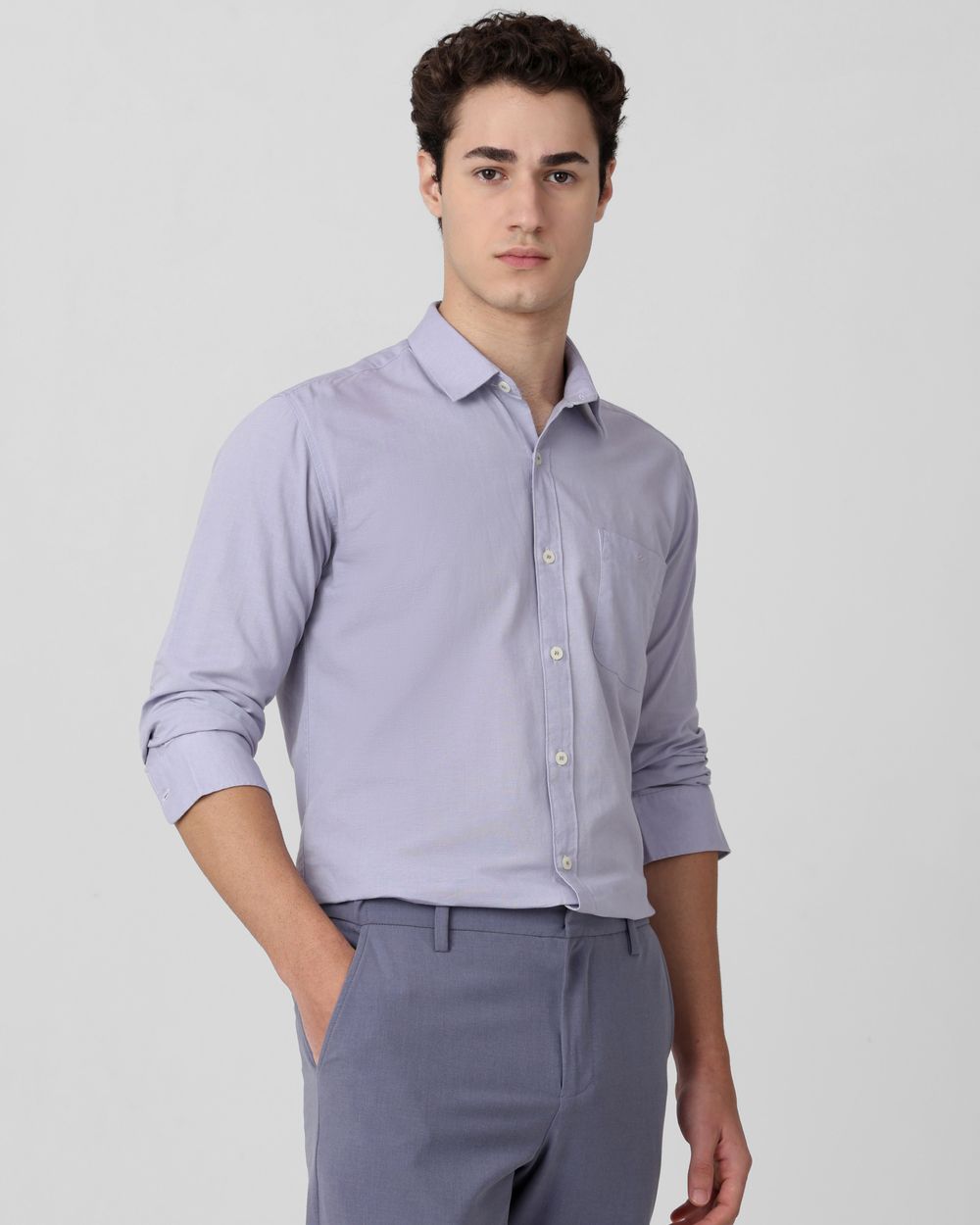 Lilac Cotton Linen Plain Slim Fit Casual Shirt