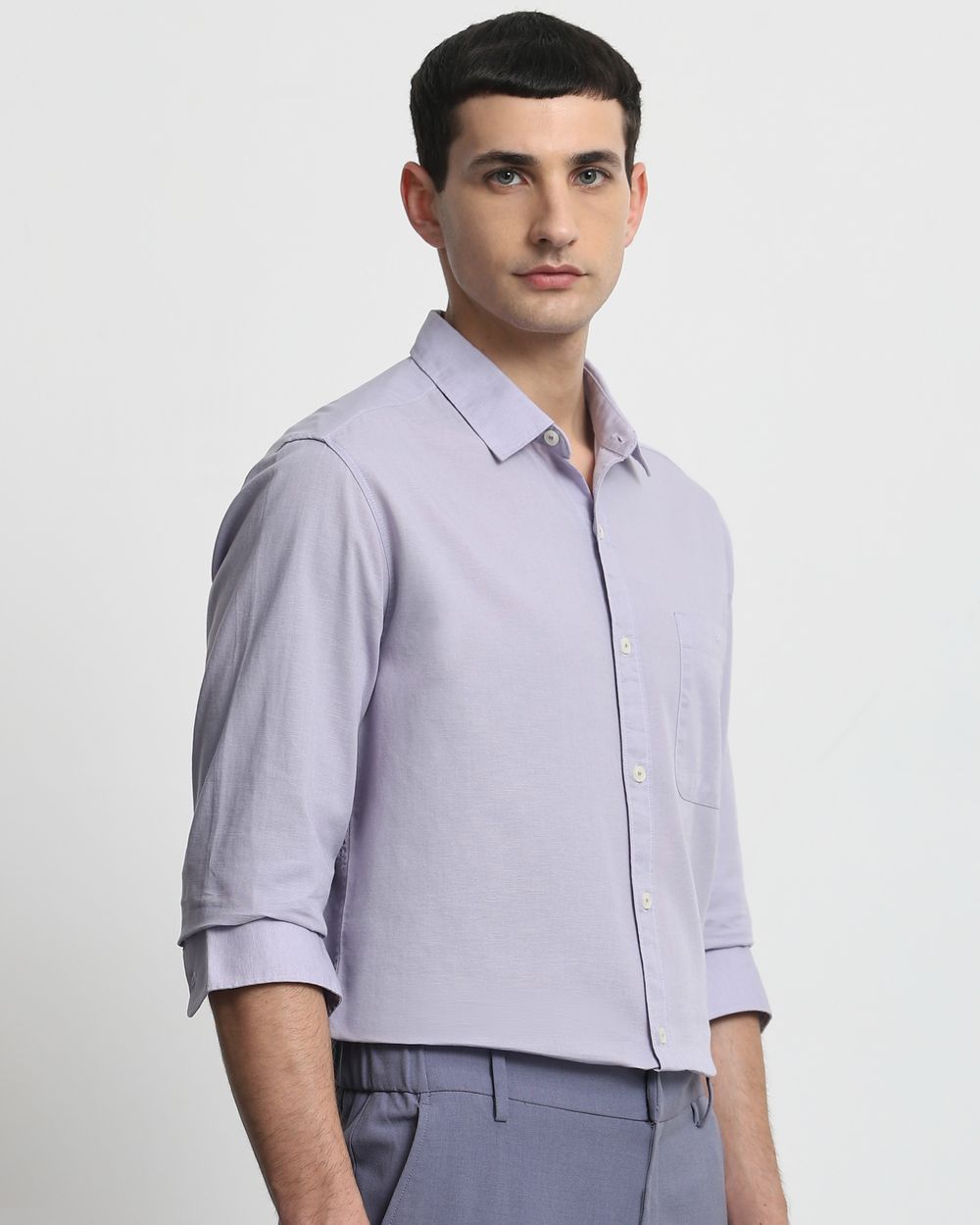 Lilac Cotton Linen Plain Slim Fit Casual Shirt