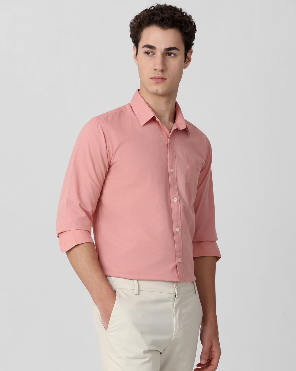 Peach Cotton Linen Plain Slim Fit Casual Shirt