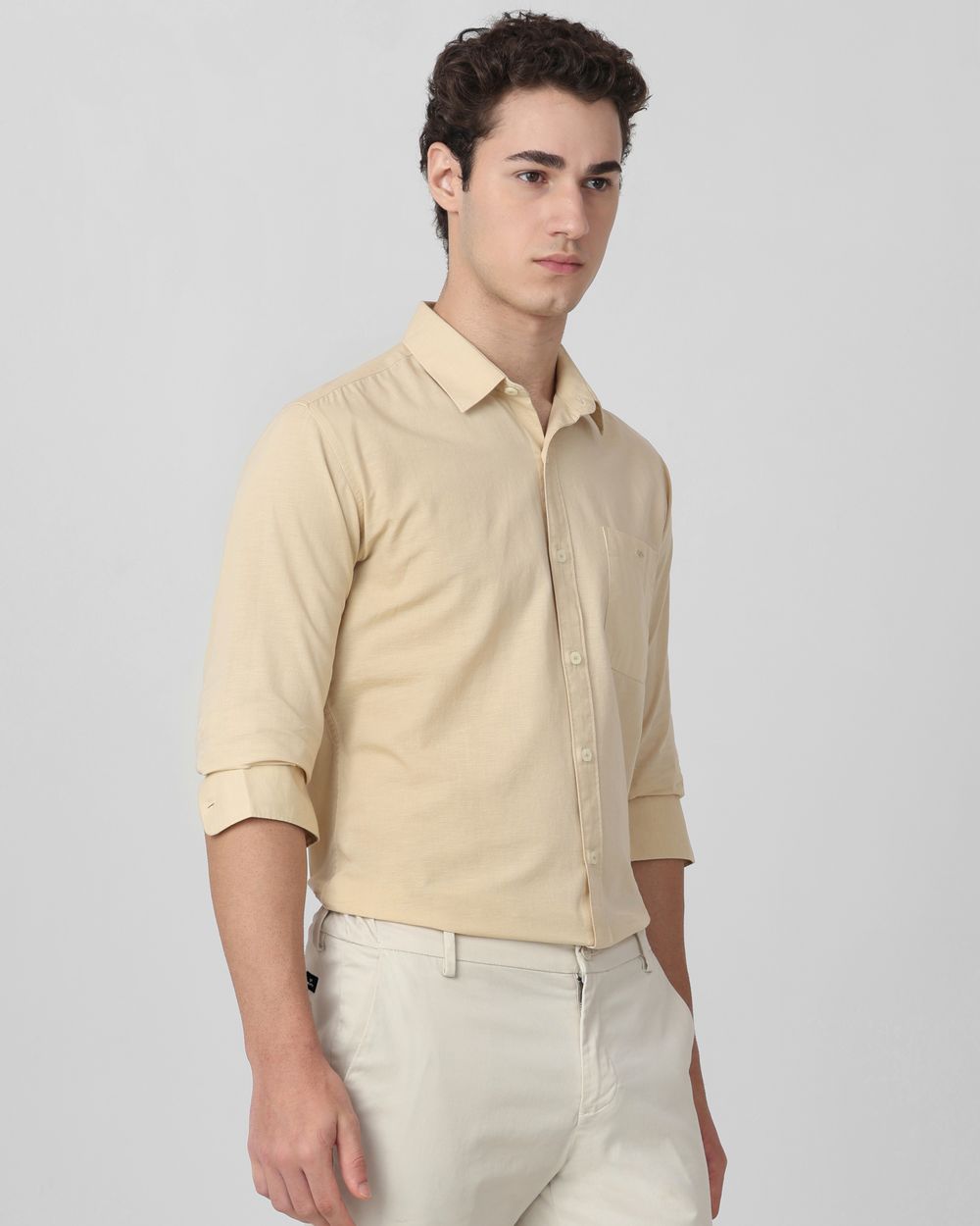 Beige Cotton Linen Plain Slim Fit Casual Shirt