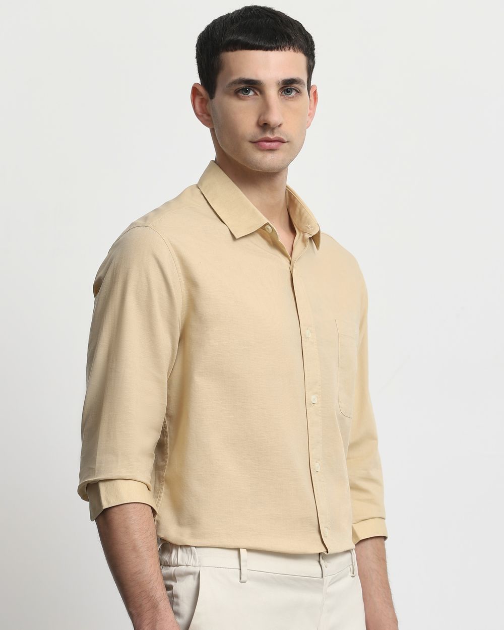 Beige Cotton Linen Plain Slim Fit Casual Shirt