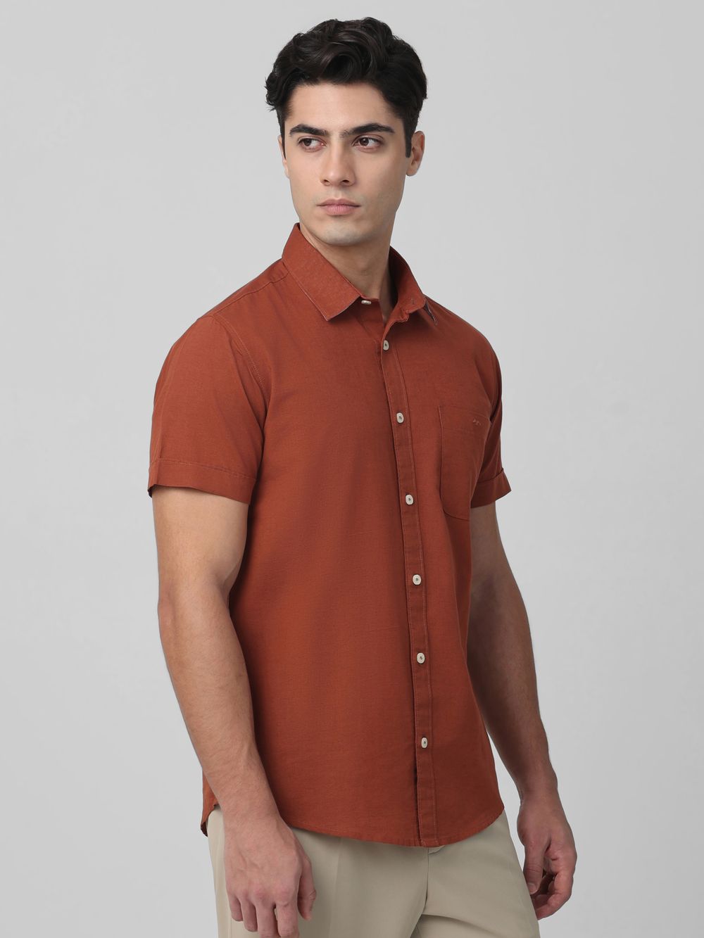 Rust Cotton Linen Plain Slim Fit Casual Shirt