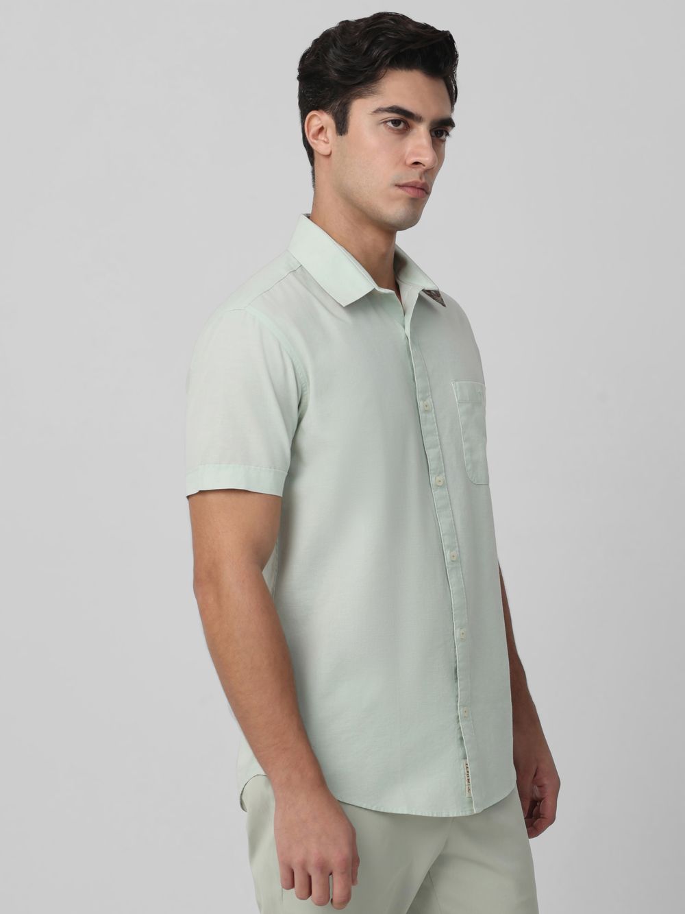 Light Green Cotton Linen Plain Slim Fit Casual Shirt