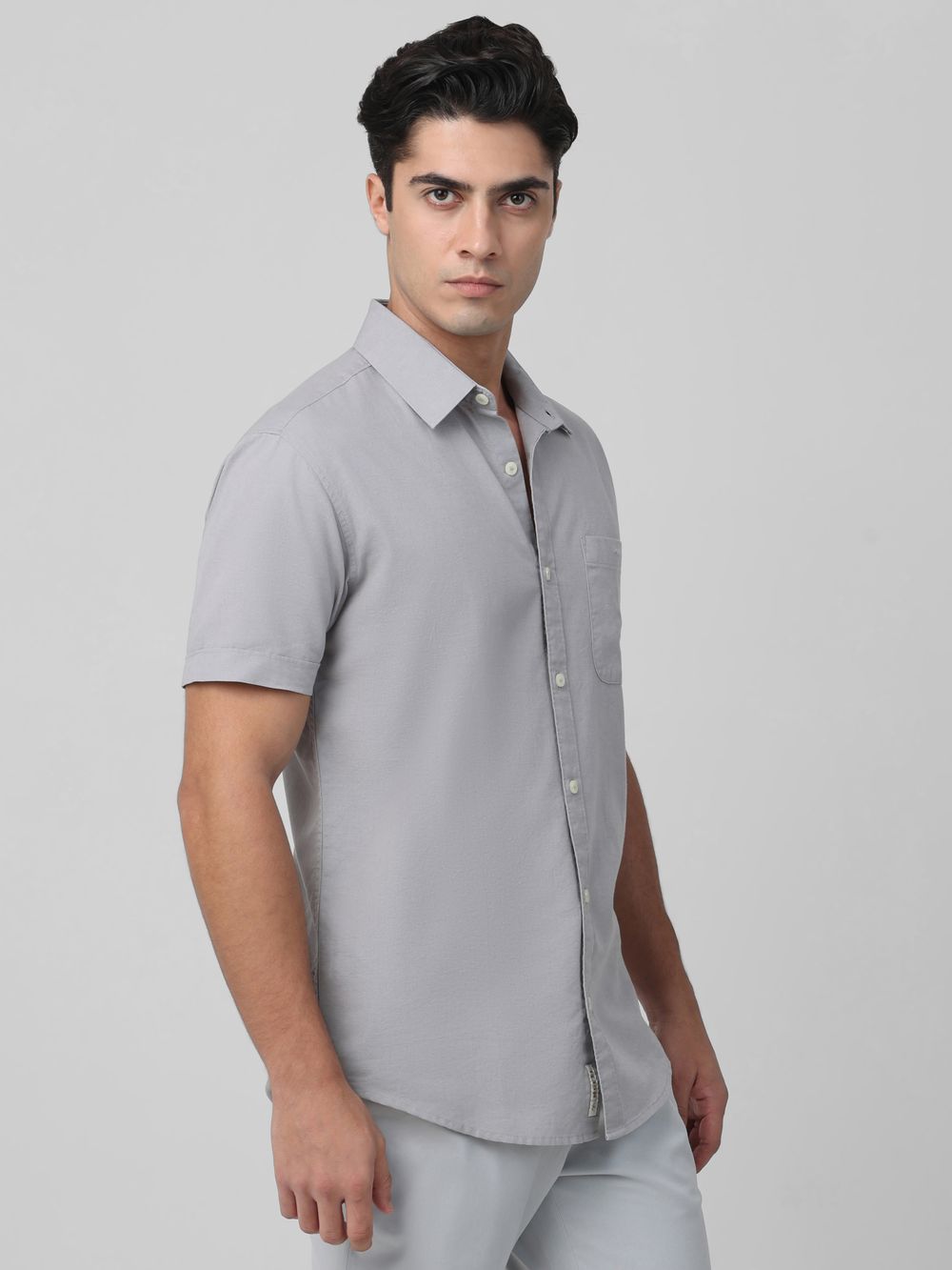 Light Grey Cotton Linen Plain Slim Fit Casual Shirt