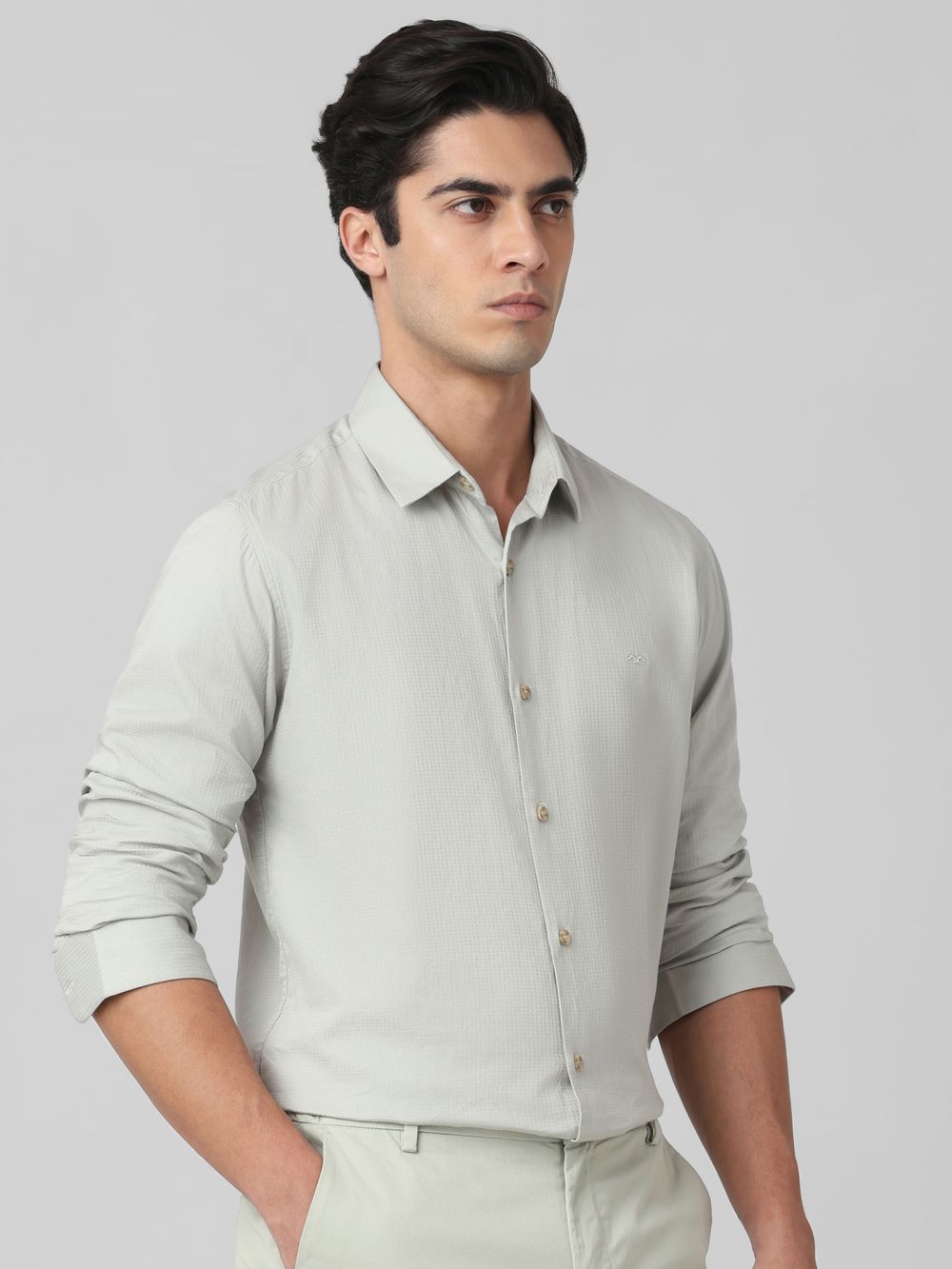 Grey Textured Plain Slim Fit Casual Shirt