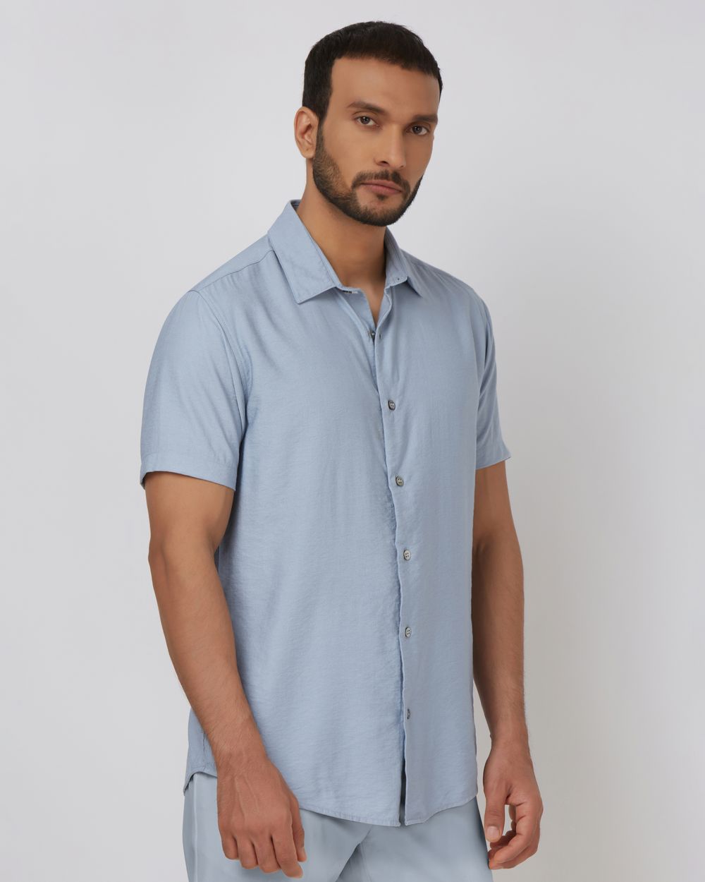 Light Blue Textured Plain Slim Fit Casual Shirt