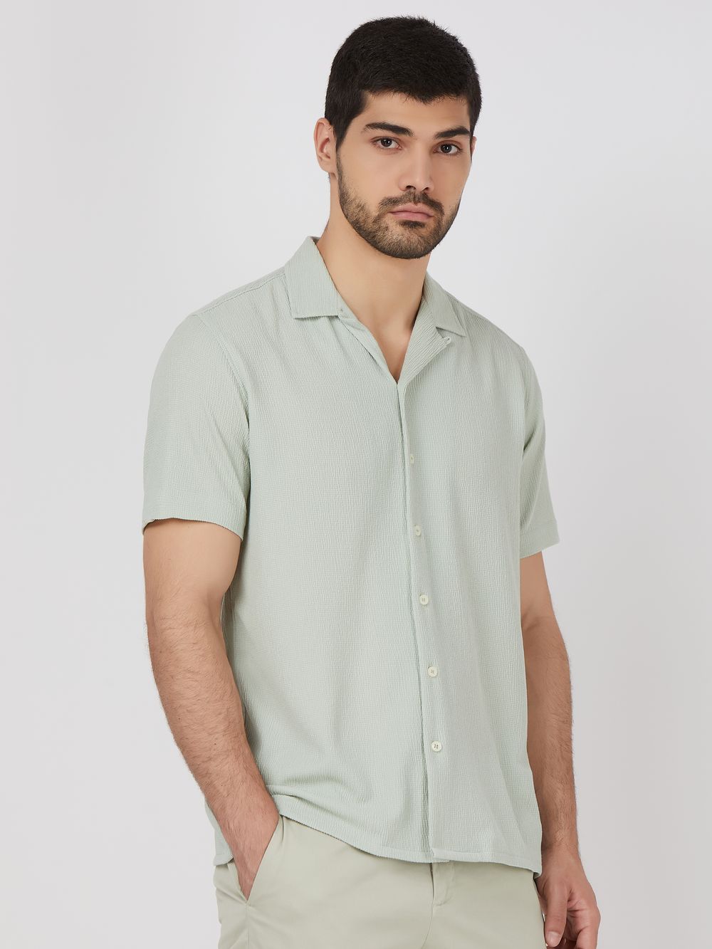 Light Green Textured Plain Relaxed Fit Casual Shirt