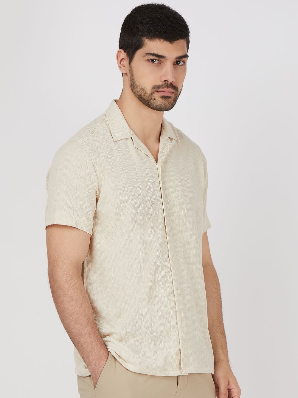 Beige Textured Plain Relaxed Fit Casual Shirt