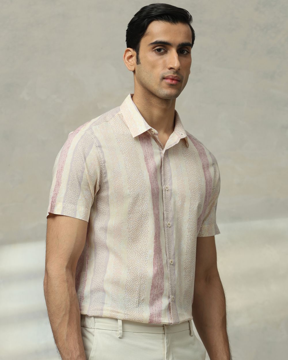 Pastel Pink Printed Stripe Slim Fit Casual Shirt