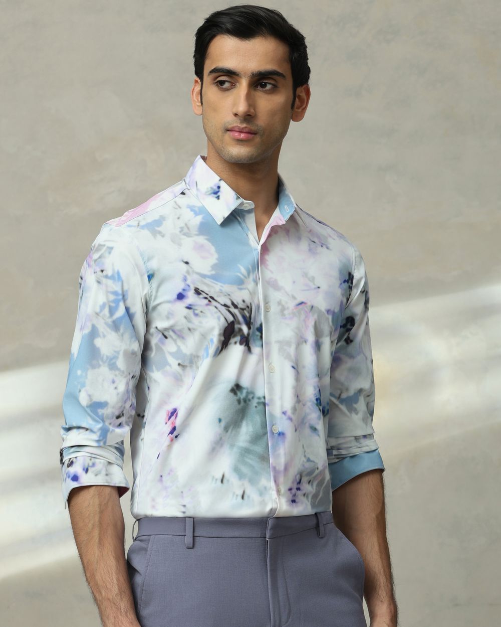 Multicolour Scuba Print Stretch Slim Fit Casual Shirt
