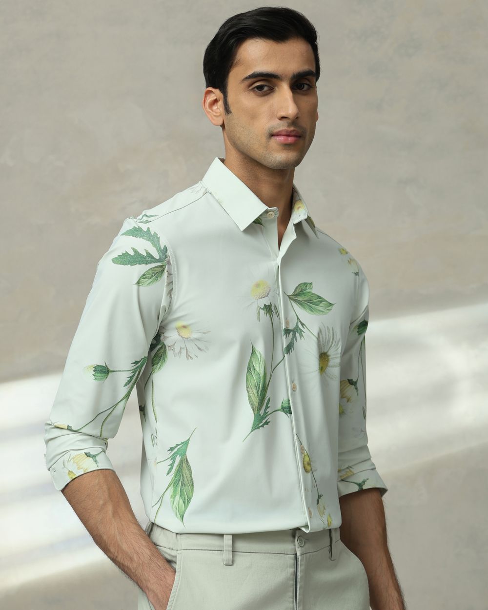 Sage Scuba Print Stretch Slim Fit Casual Shirt