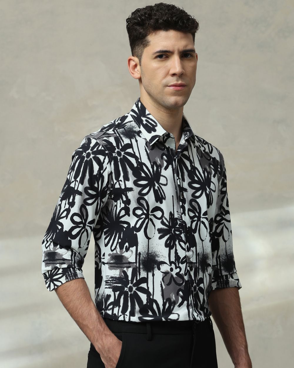 Black Scuba Print Stretch Slim Fit Casual Shirt