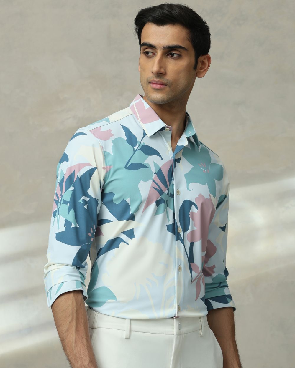 Light Blue Scuba Print Stretch Slim Fit Casual Shirt