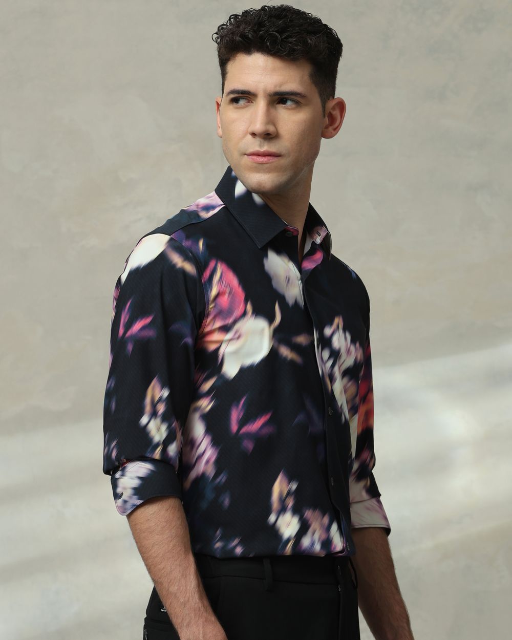 Black Scuba Print Stretch Slim Fit Casual Shirt
